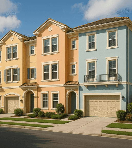 Three-story new townhomes in Johns Creek GA with stucco exteriors in yellow, peach, and blue, attached two-car garages, tile roofs, and landscaped front yards